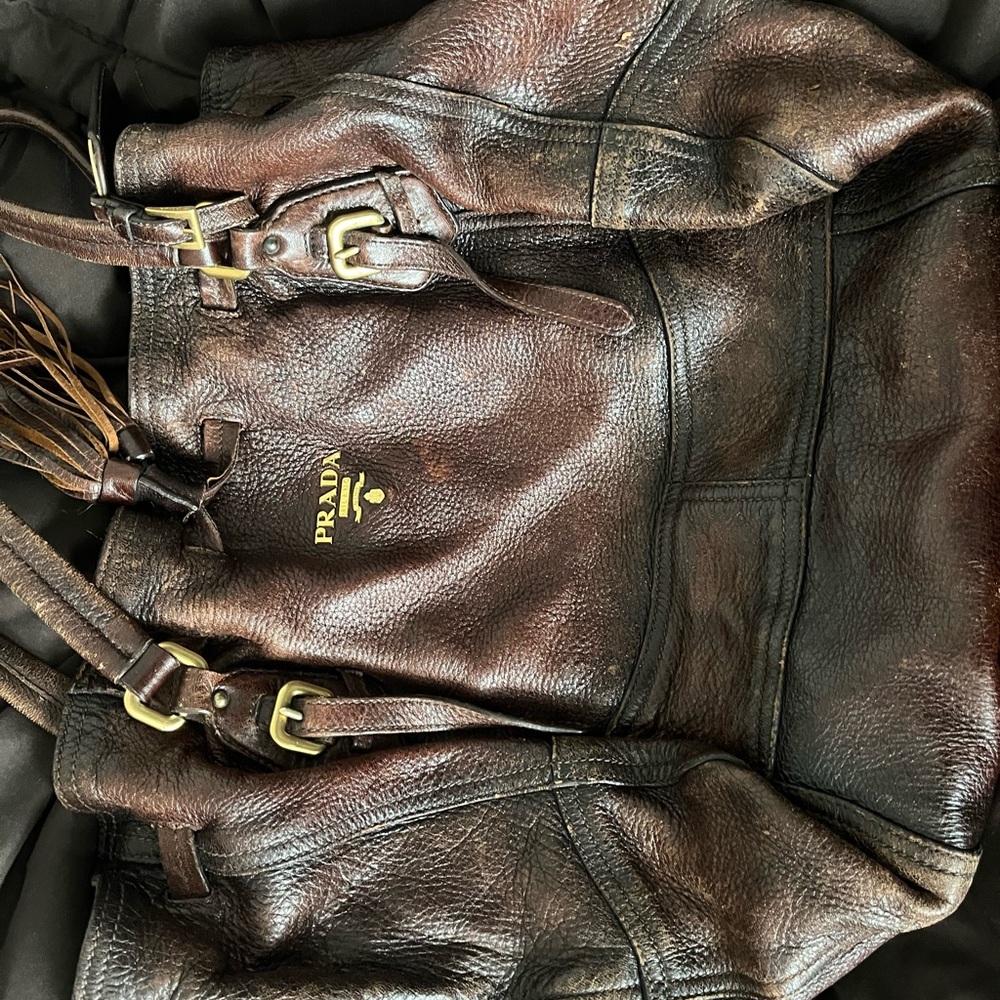 Prada Brown Leather Handbag with Gold Accents